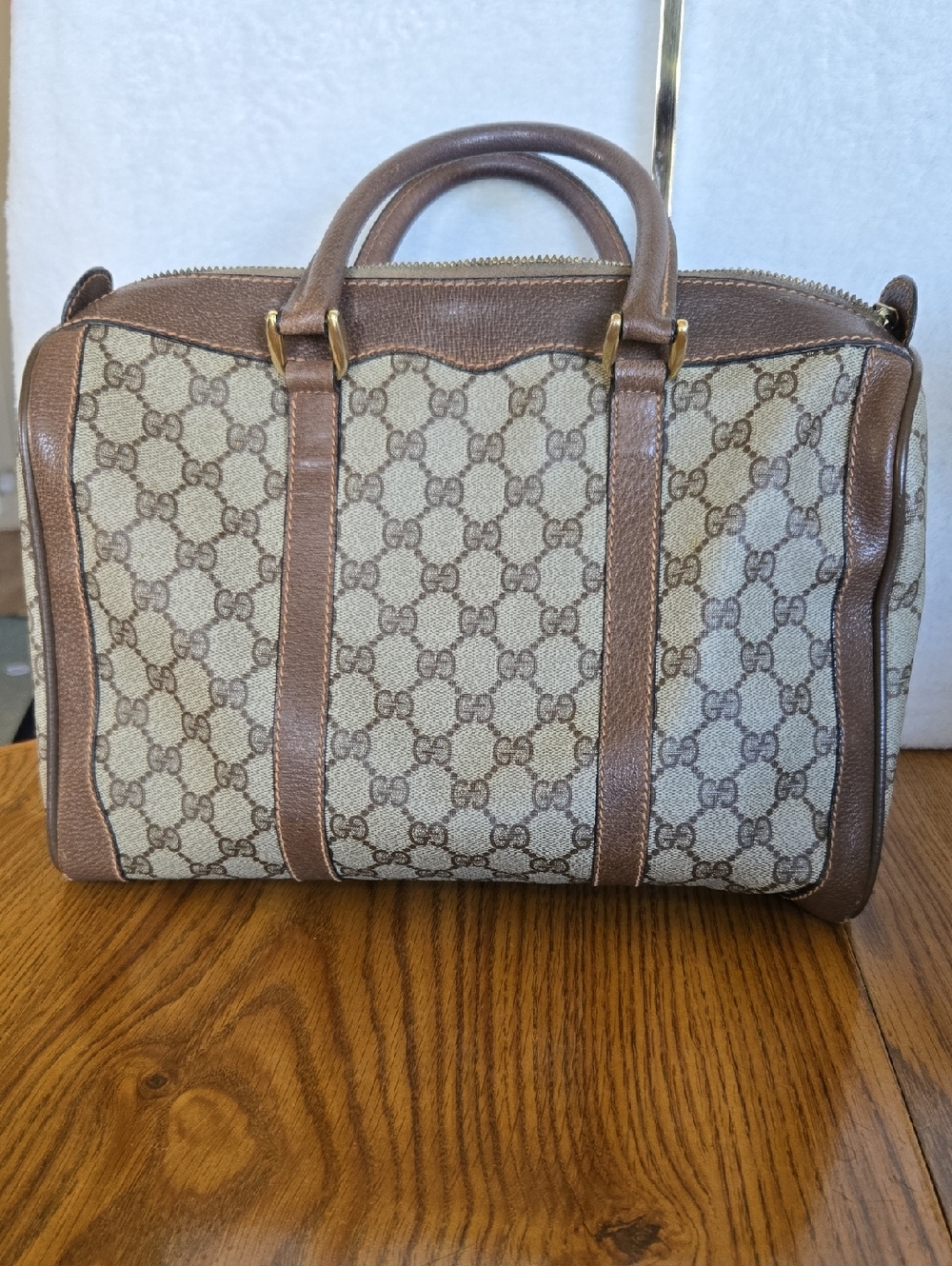 Gucci Vintage Beige GG Canvas Boston Bag W/ Brown Leather Trim